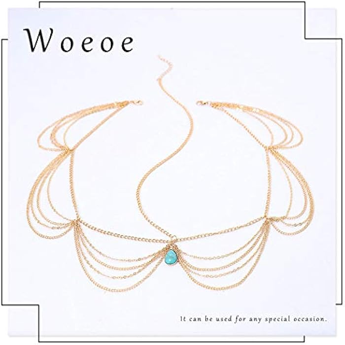 Woeoe Vintage Gold Head Chain Turquoise Forehead Headbands Sequins Festival Headpiece Jewelry for Women and Girls (gold5) - Image 2